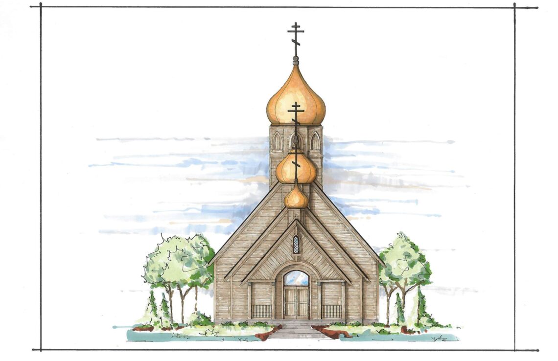 The church building front view sketched in pencil